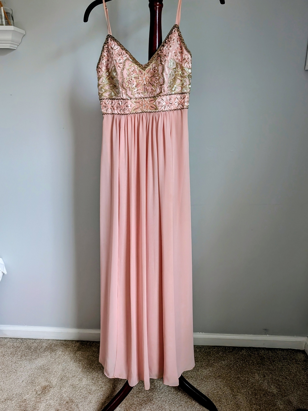 Sue Wong Blush Pink Maxi Dress with Gold Embellished Bodice